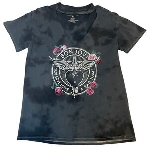 Bon Jovi You Give Love... Tie Dye Cut Out V Neck Concert T Shirt Band Womens XS